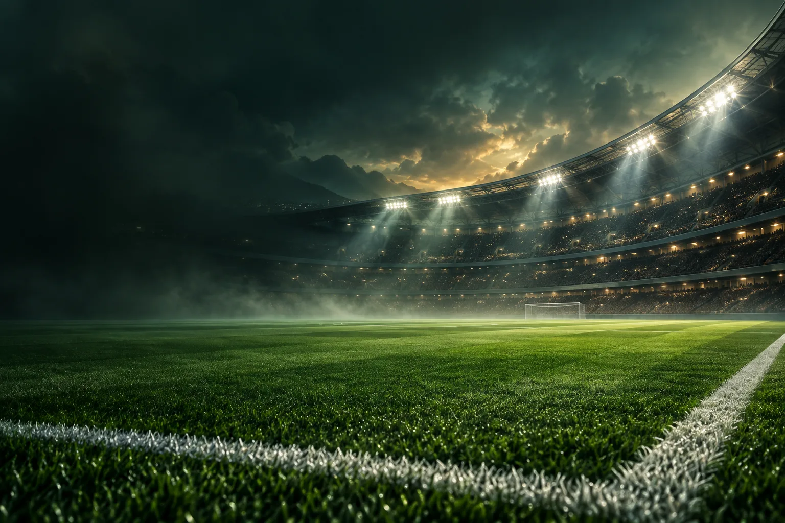 Decorative illustration of a floodlit football pitch in a fictional stadium